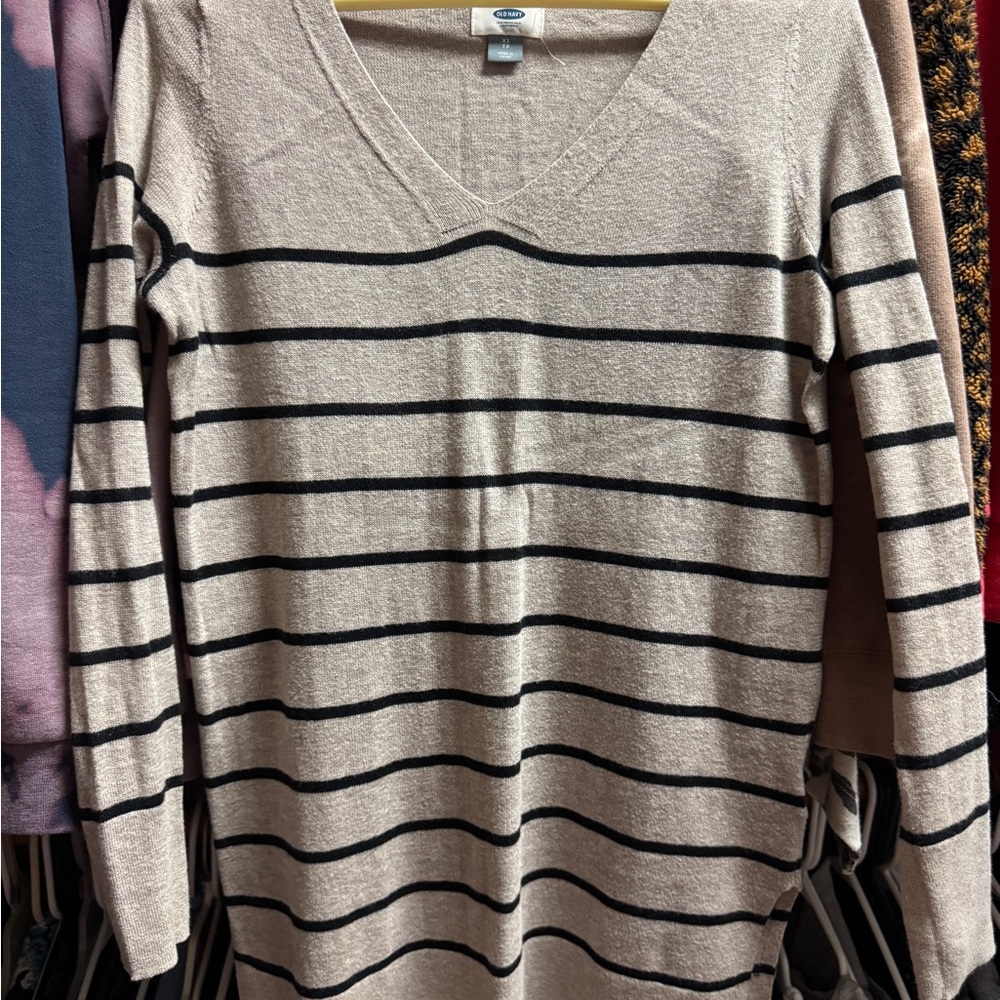 Old Navy Tan and Black Striped V-Neck Sweater